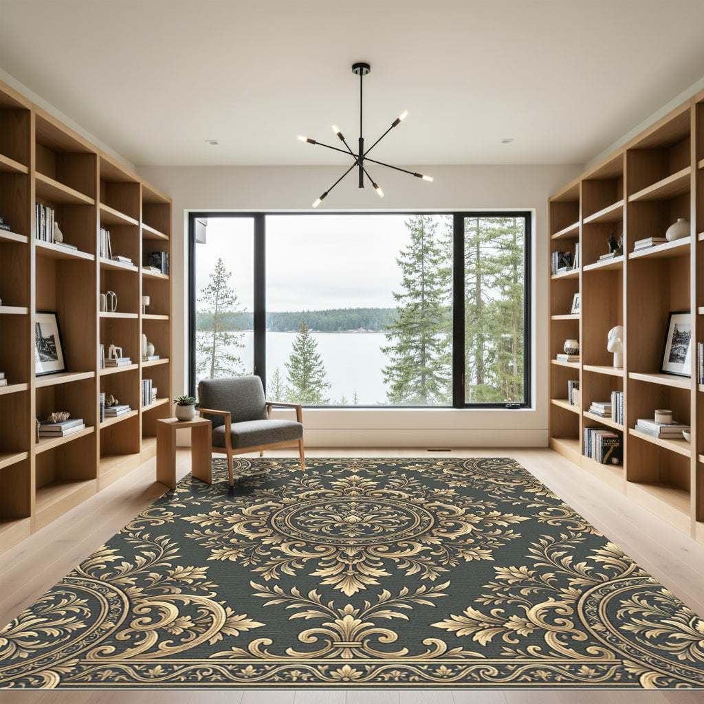Elegant Gold Damask Charcoal Medallion Rug