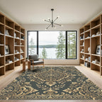 Elegant Gold Damask Charcoal Medallion Rug
