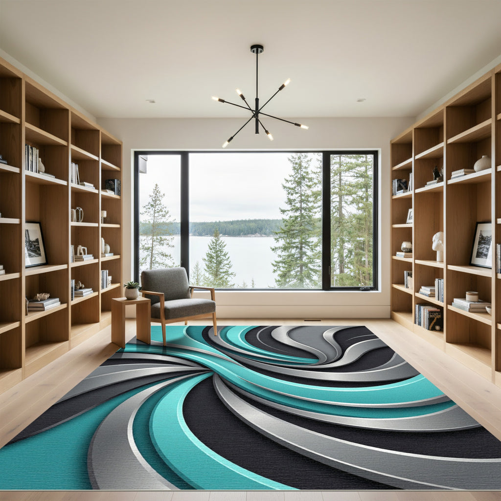 Modern Aqua and Silver Swirl Rug
