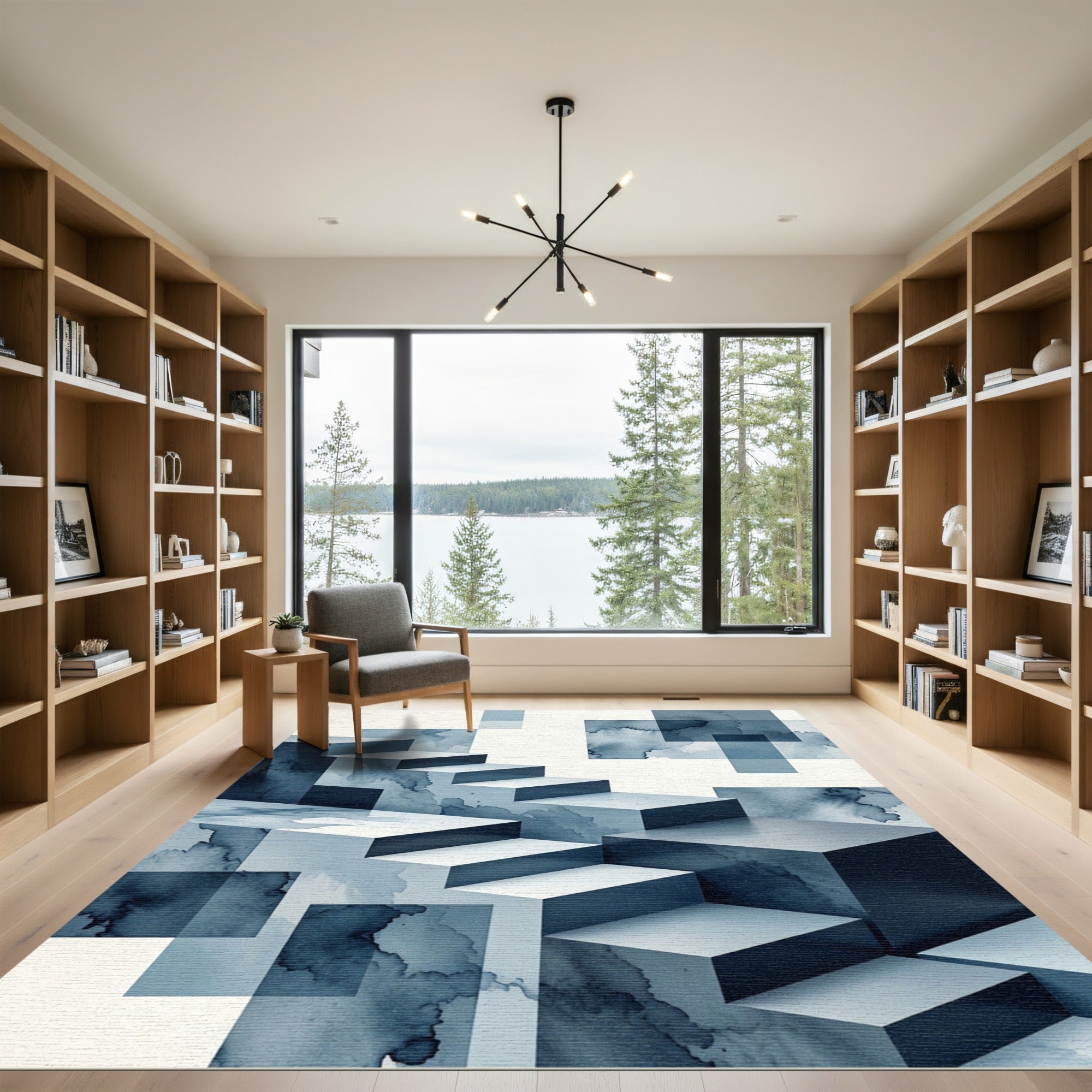 Indigo Abstract Geometric Staircase Composition Rug