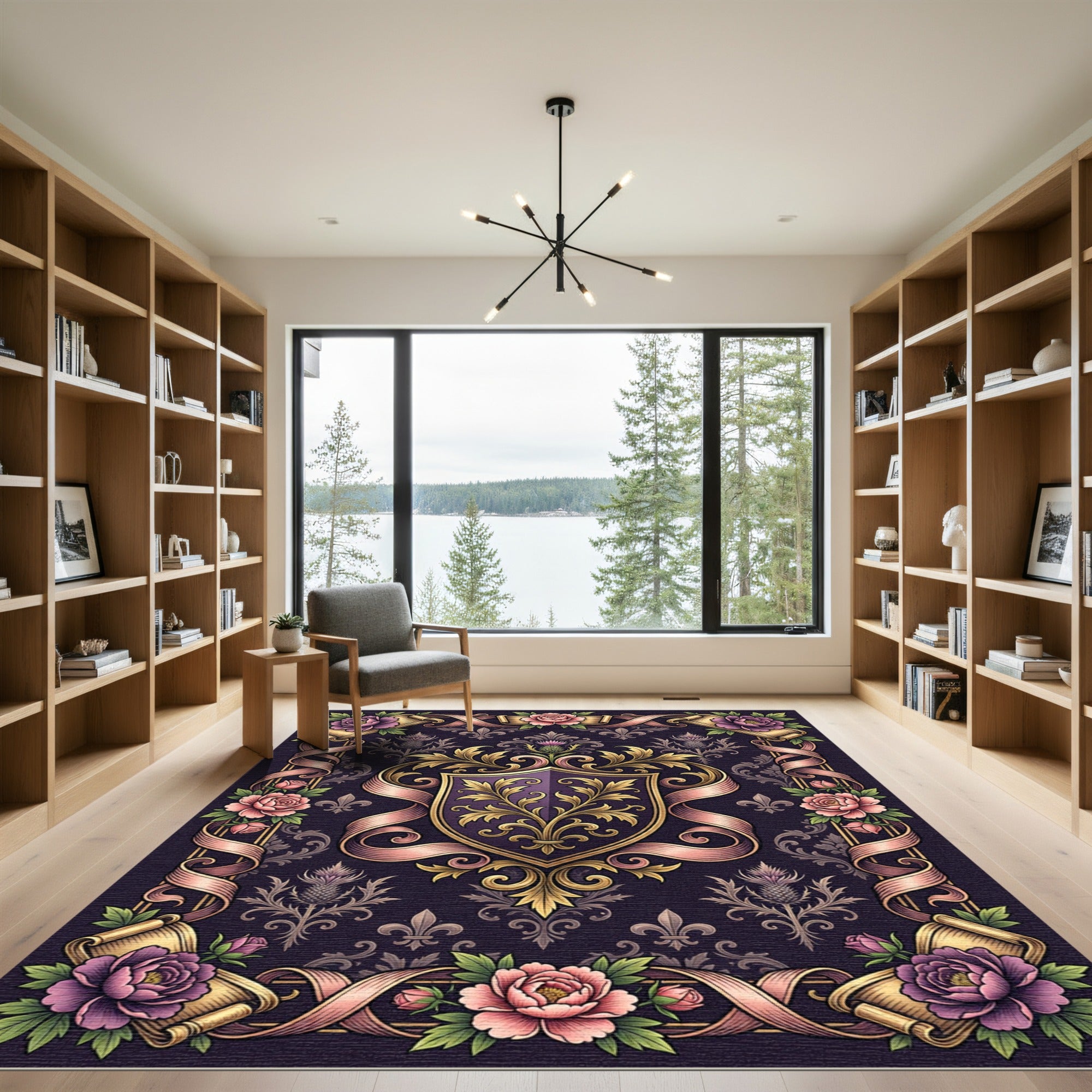 Regal Plum Floral Crest Scroll Emblem Rug