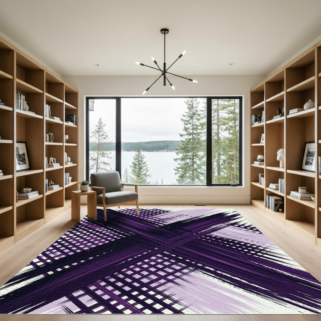 Abstract Deep Purple Crossed Linear Grid Rug