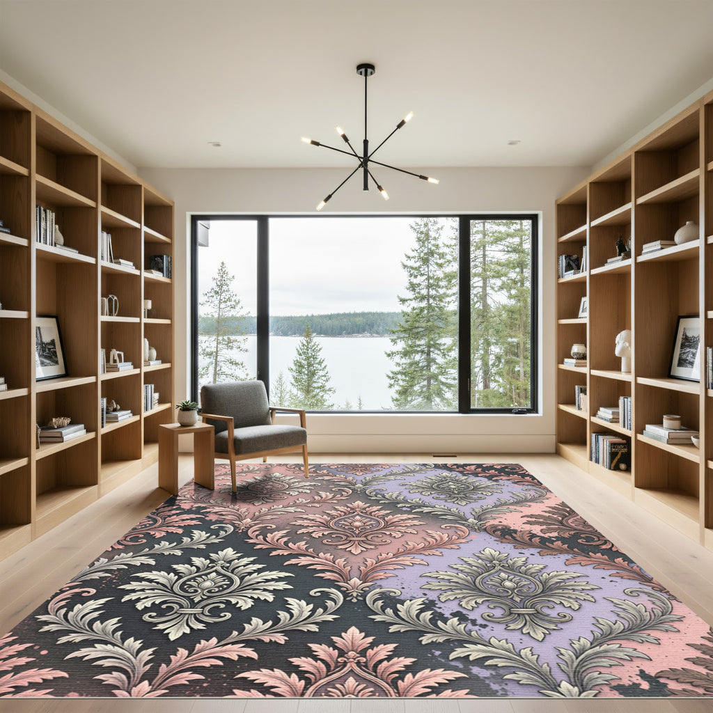 Dusty Rose and Lilac Damask Scroll Rug