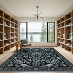 Elegant Midnight Blue Lotus Floral Illustration Rug