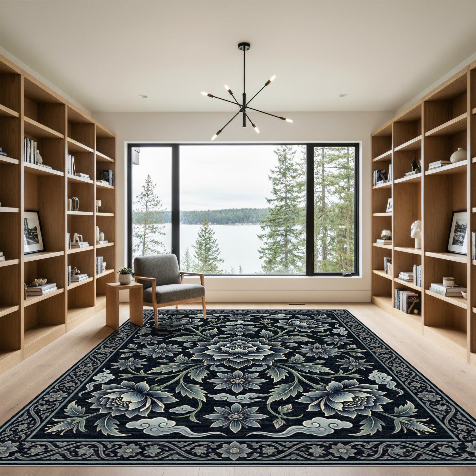 Elegant Midnight Blue Lotus Floral Illustration Rug