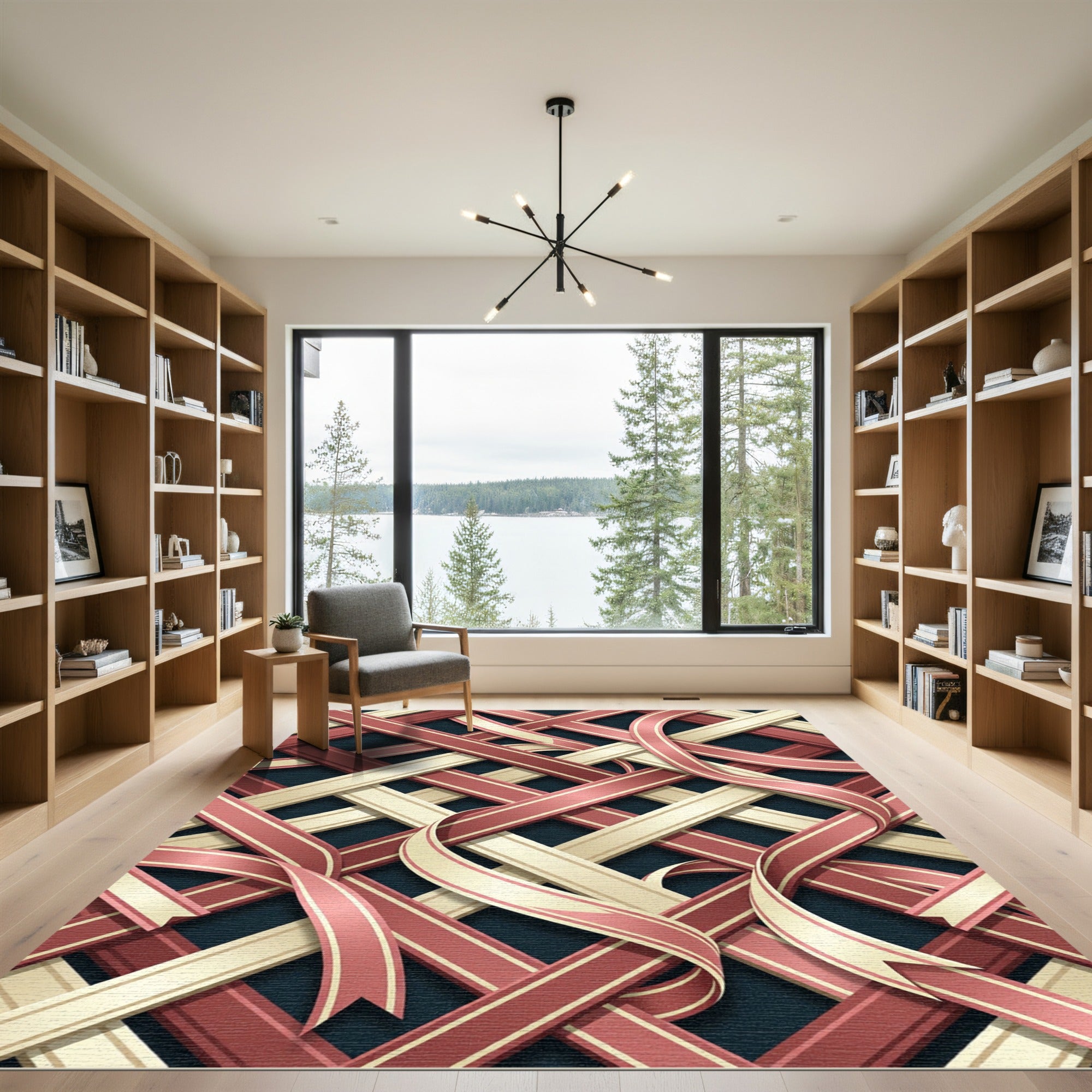 Interwoven Crimson and Cream Ribbon Grid Rug