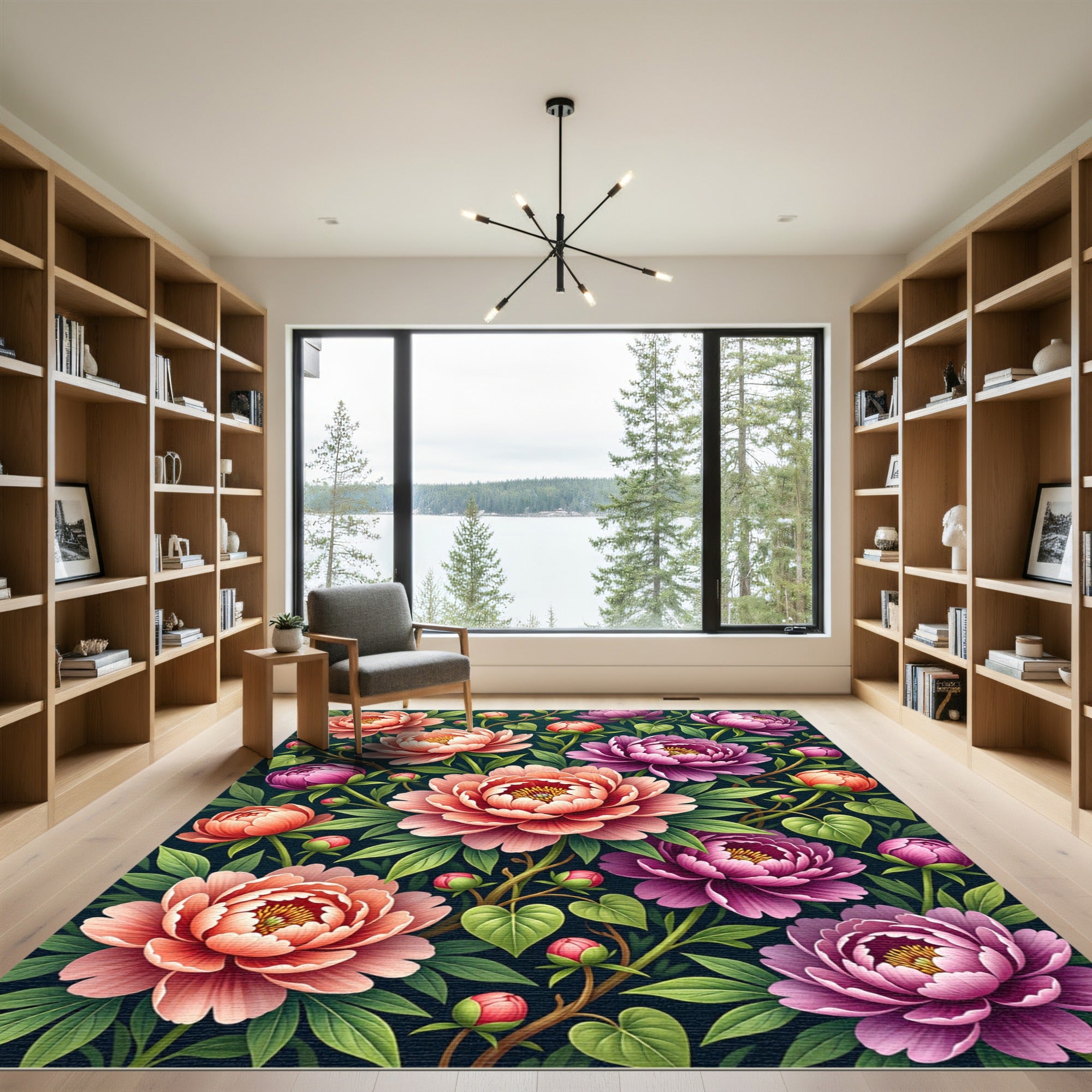 Lush Coral Peony Floral Arrangement Rug