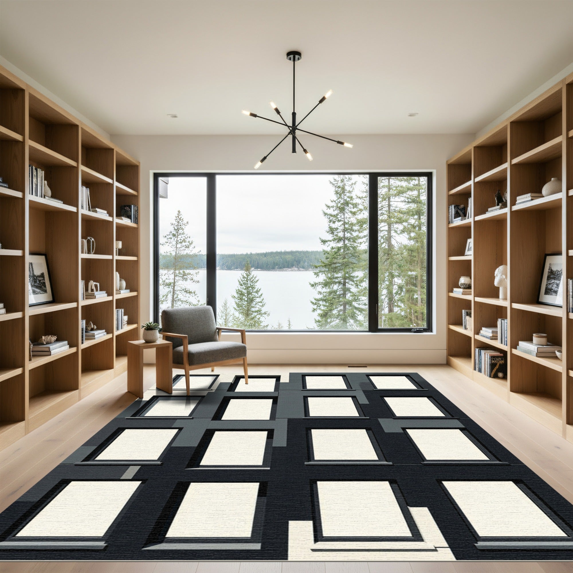Minimalist Monochromatic Geometric Architectural Window Grid Rug