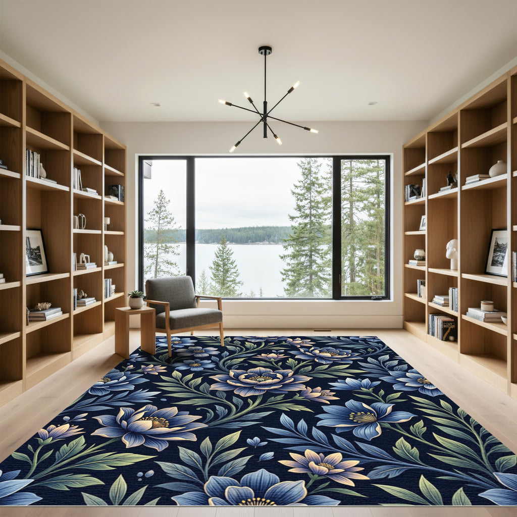 Midnight Blue Botanical Floral Vine Rug