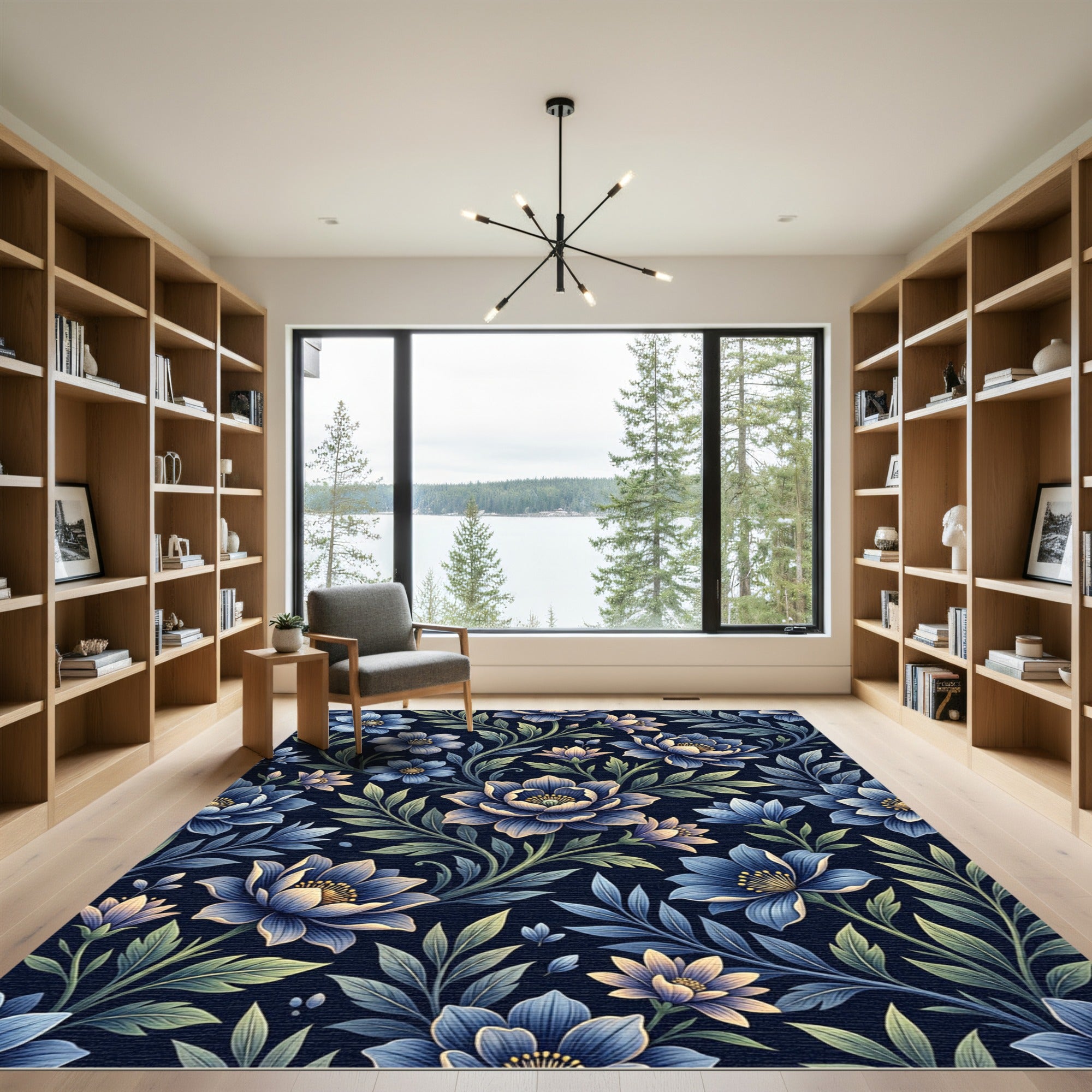 Midnight Blue Botanical Floral Vine Rug