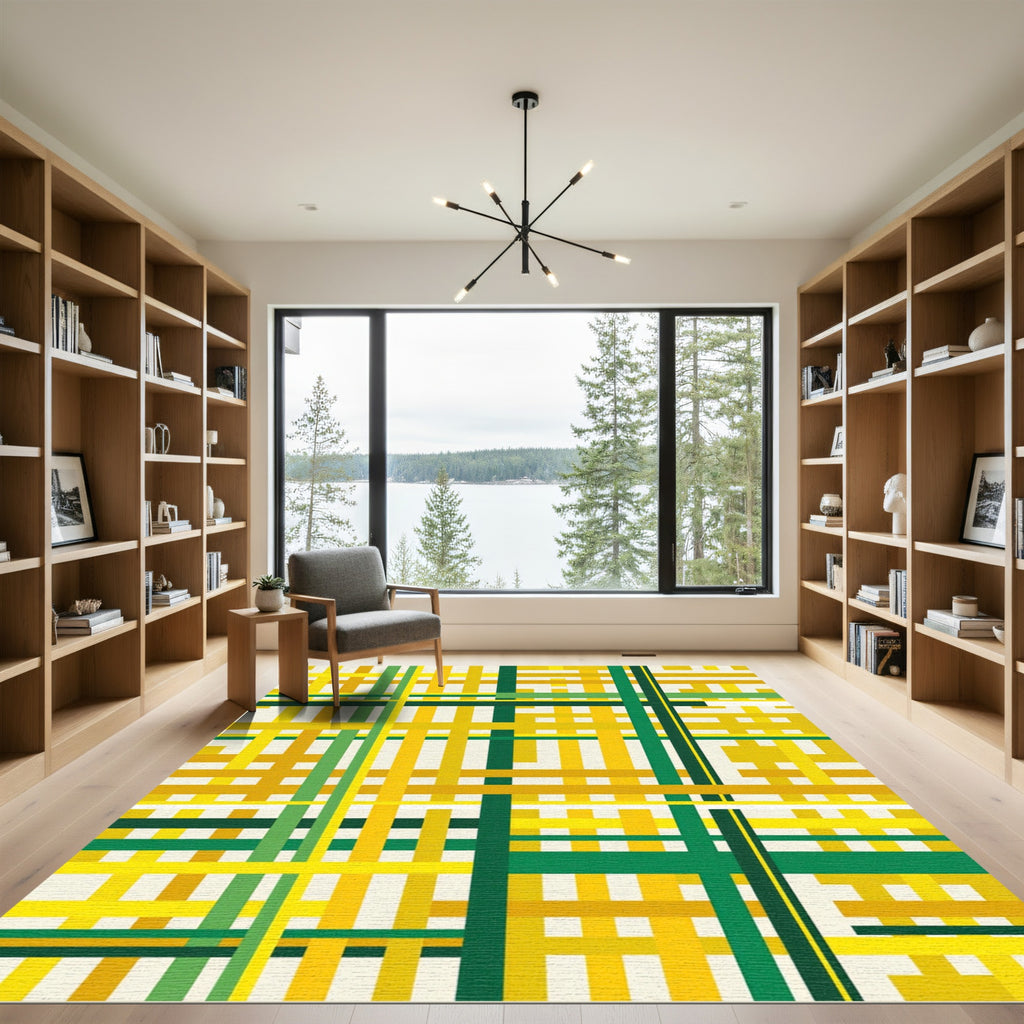 Modern Yellow and Green Geometric Grid Rug