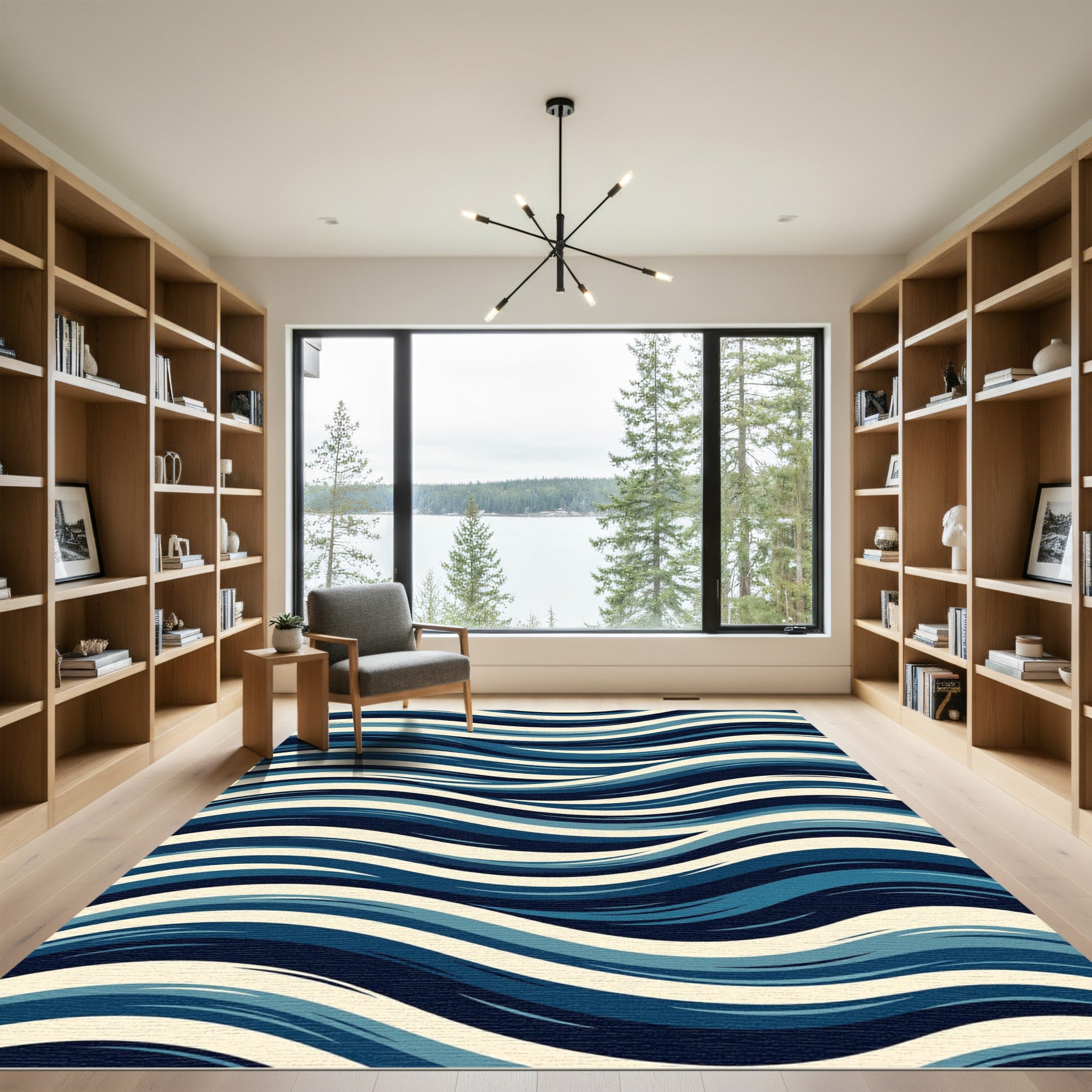 Modern Navy Blue Wavy Linear Swirl Rug