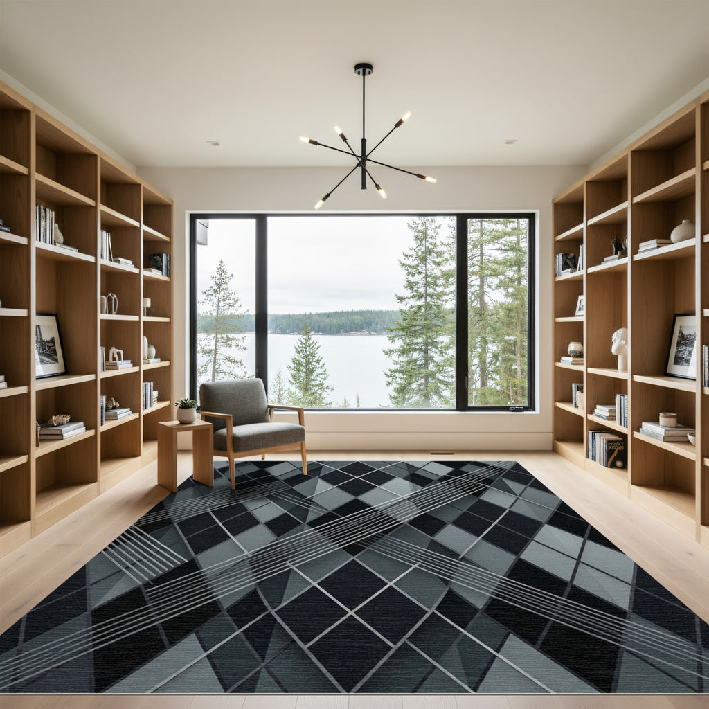 Modern Charcoal Monochrome Geometric Argyle Rug