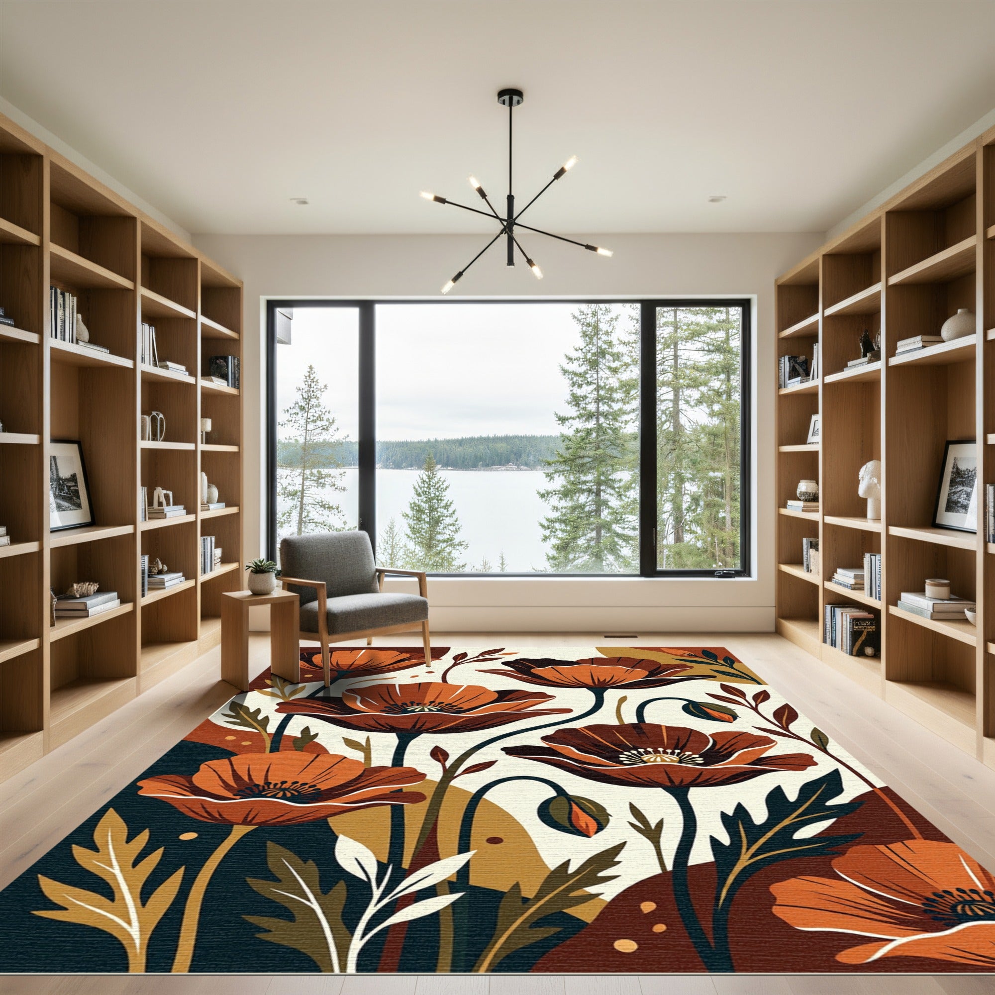 Mid-Century Rust Orange Poppy Floral Rug