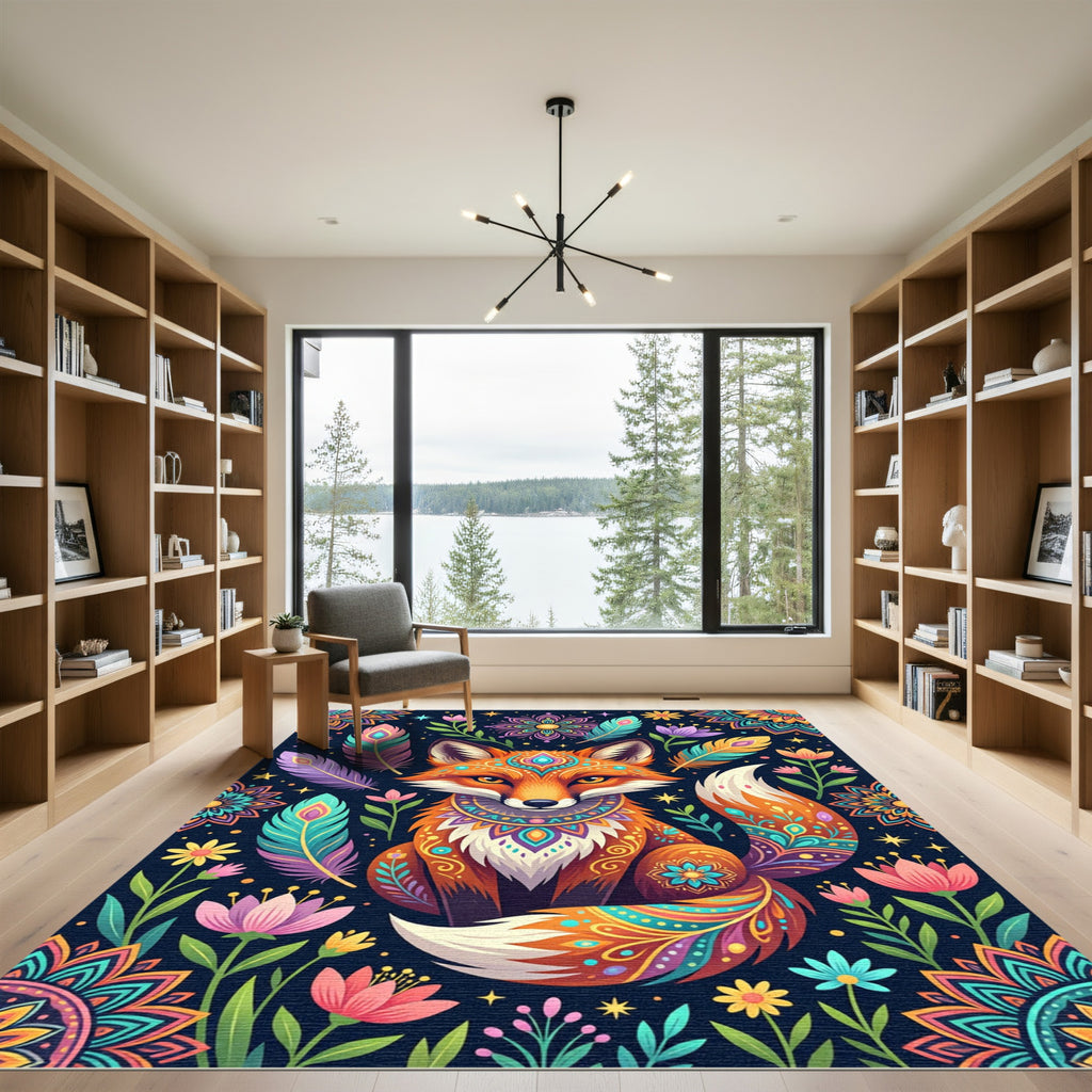 Vibrant Boho Fox with Floral Feathers Rug