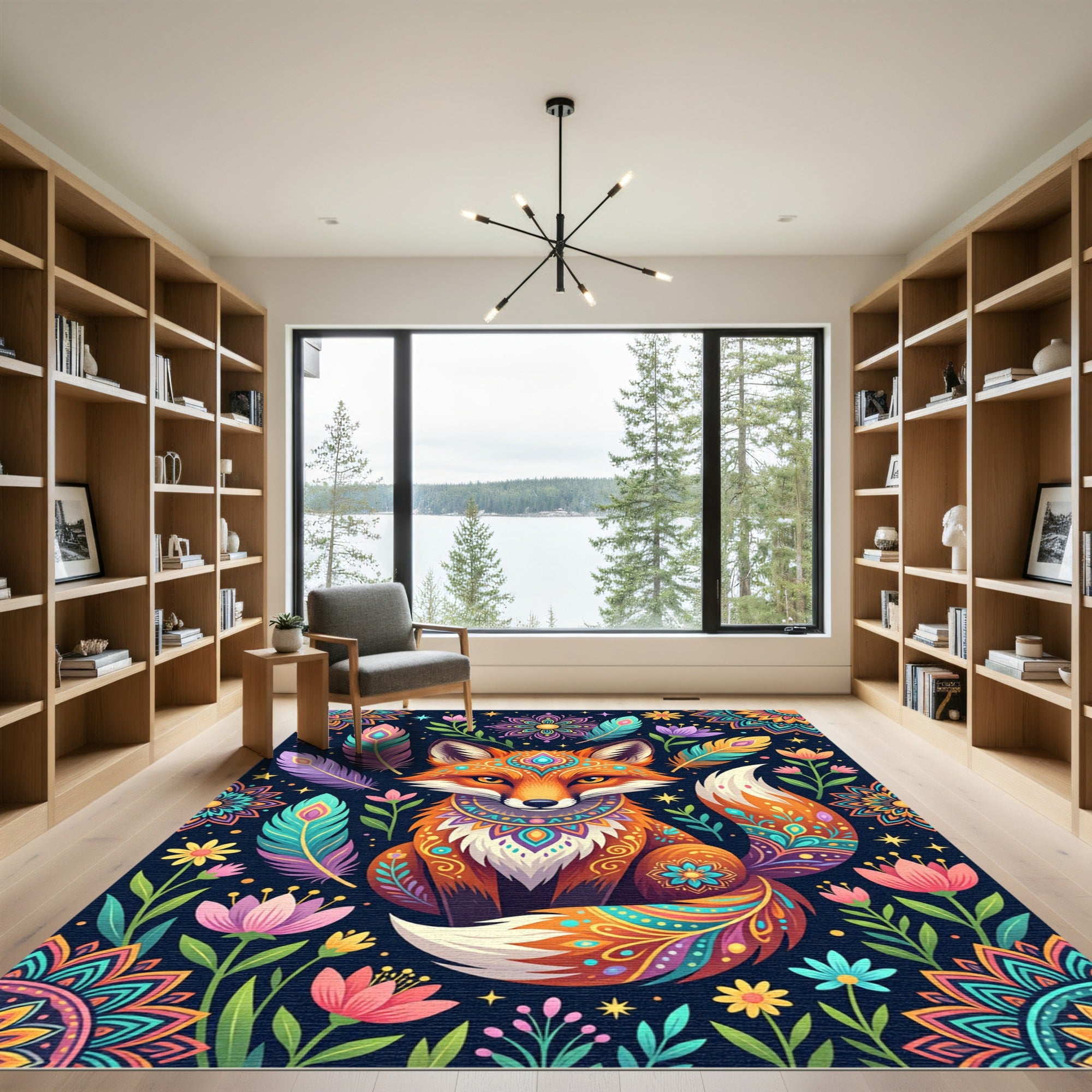 Vibrant Boho Fox with Floral Feathers Rug