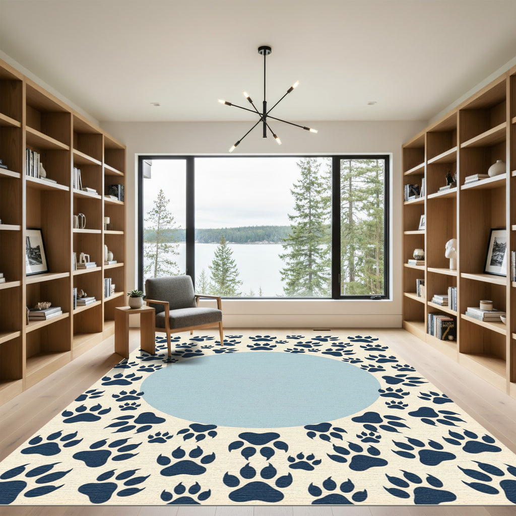 Navy Paw Print Cream Circular Center Rug