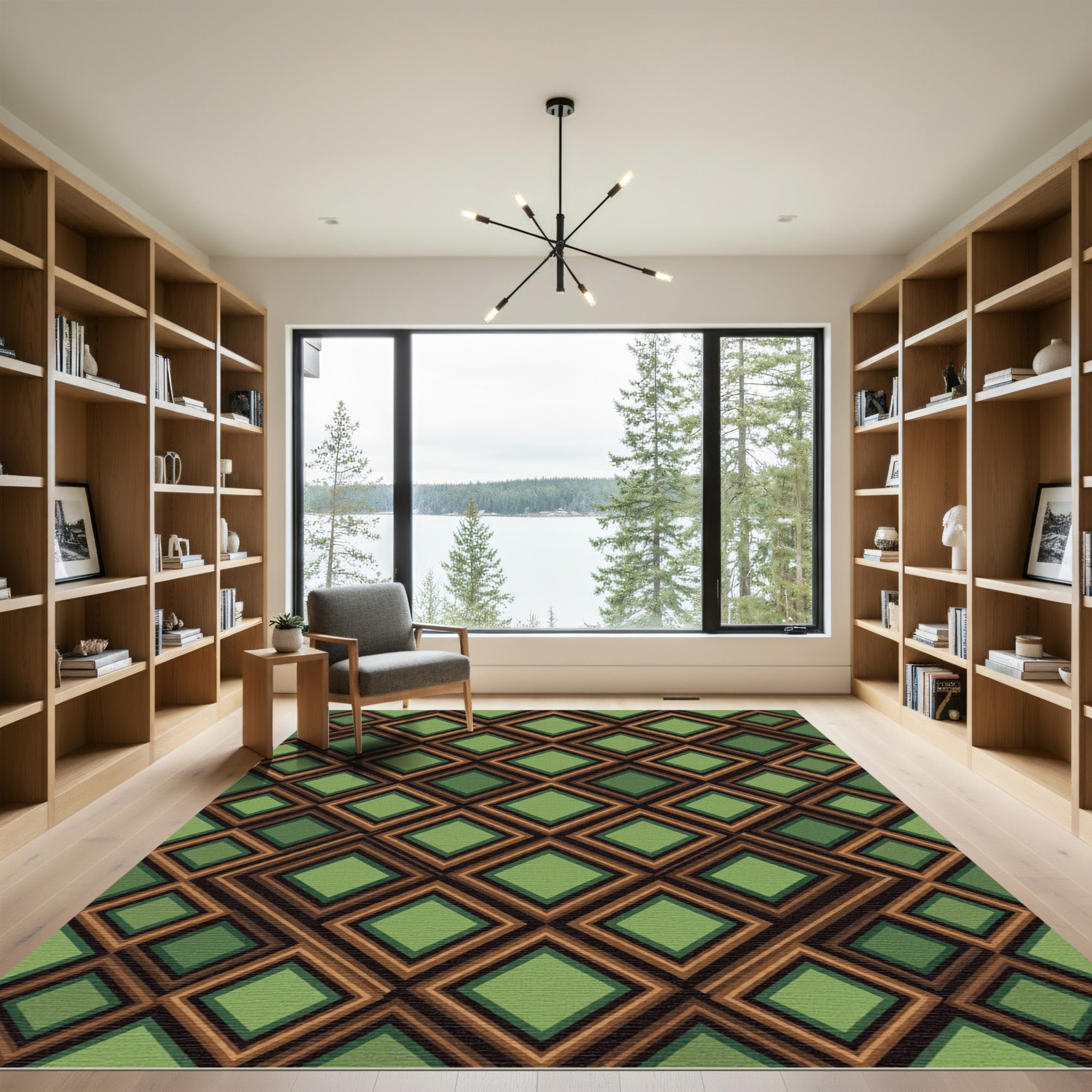 Elegant Olive Green Geometric Diamond Rug