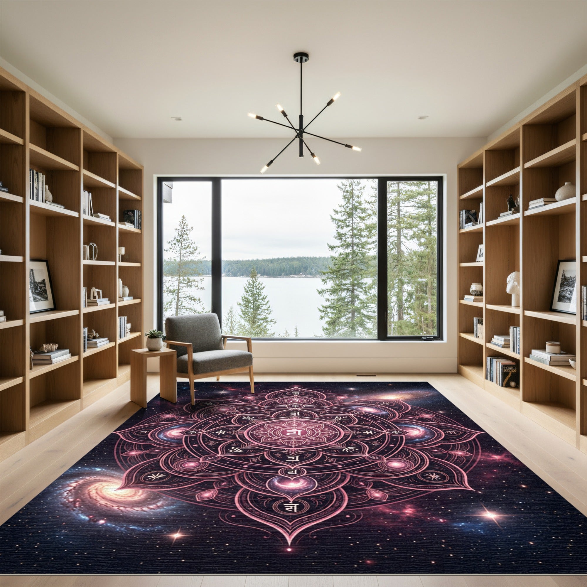Cosmic Pink Mandala With Galaxies Rug