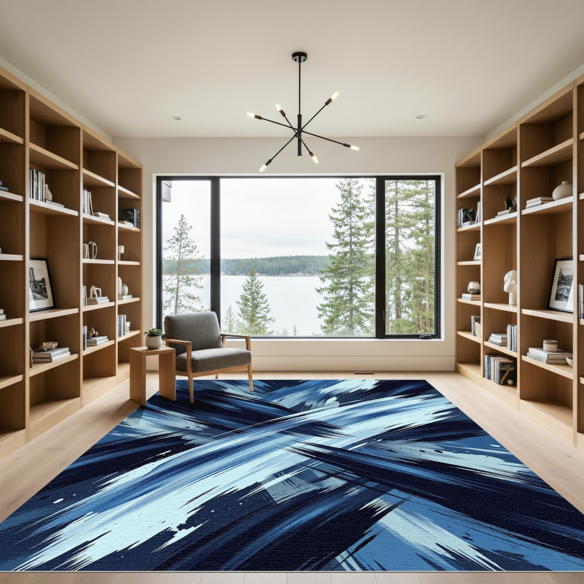 Dynamic Navy Light Blue Abstract Strokes Rug