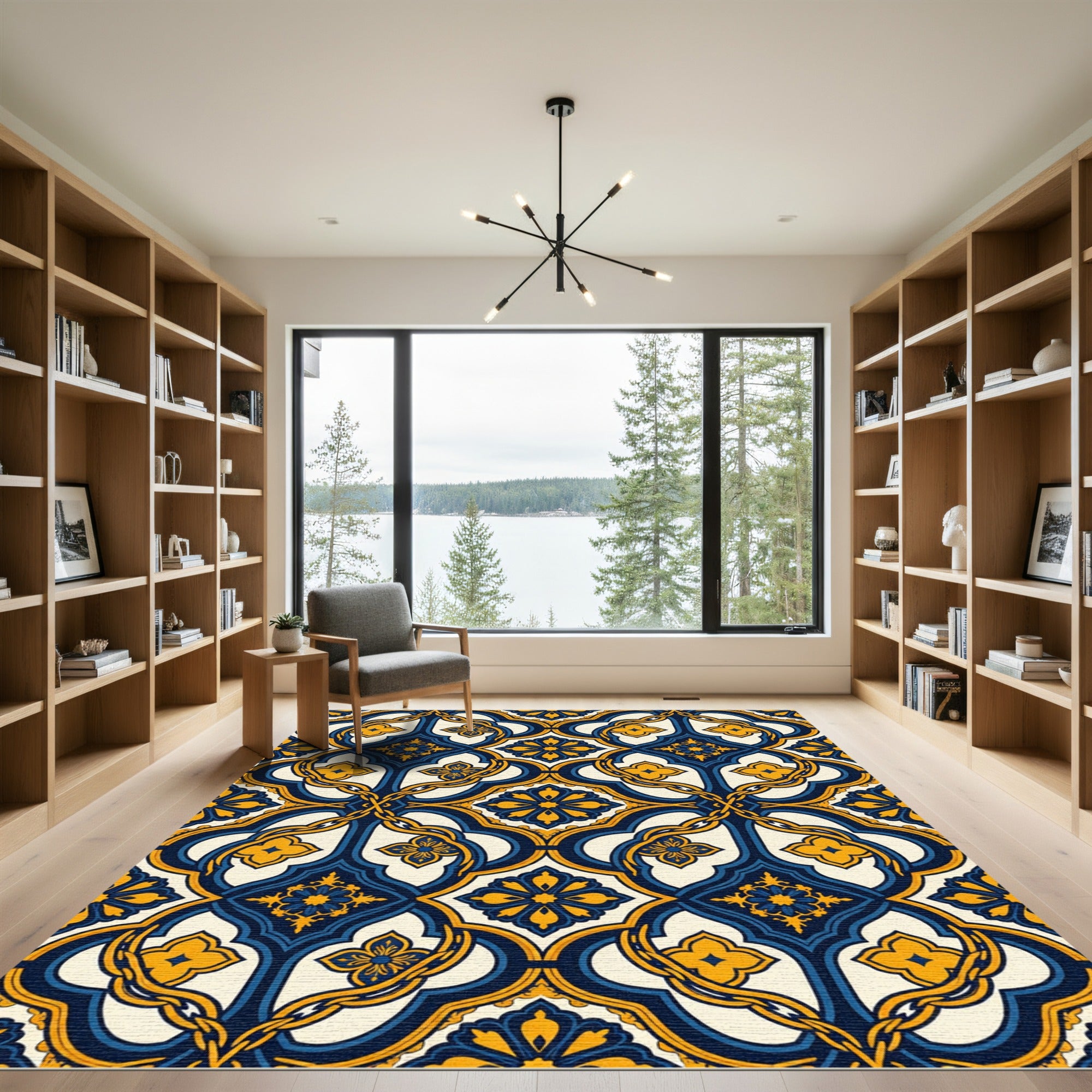Blue and Gold Ornate Scroll Medallion Rug