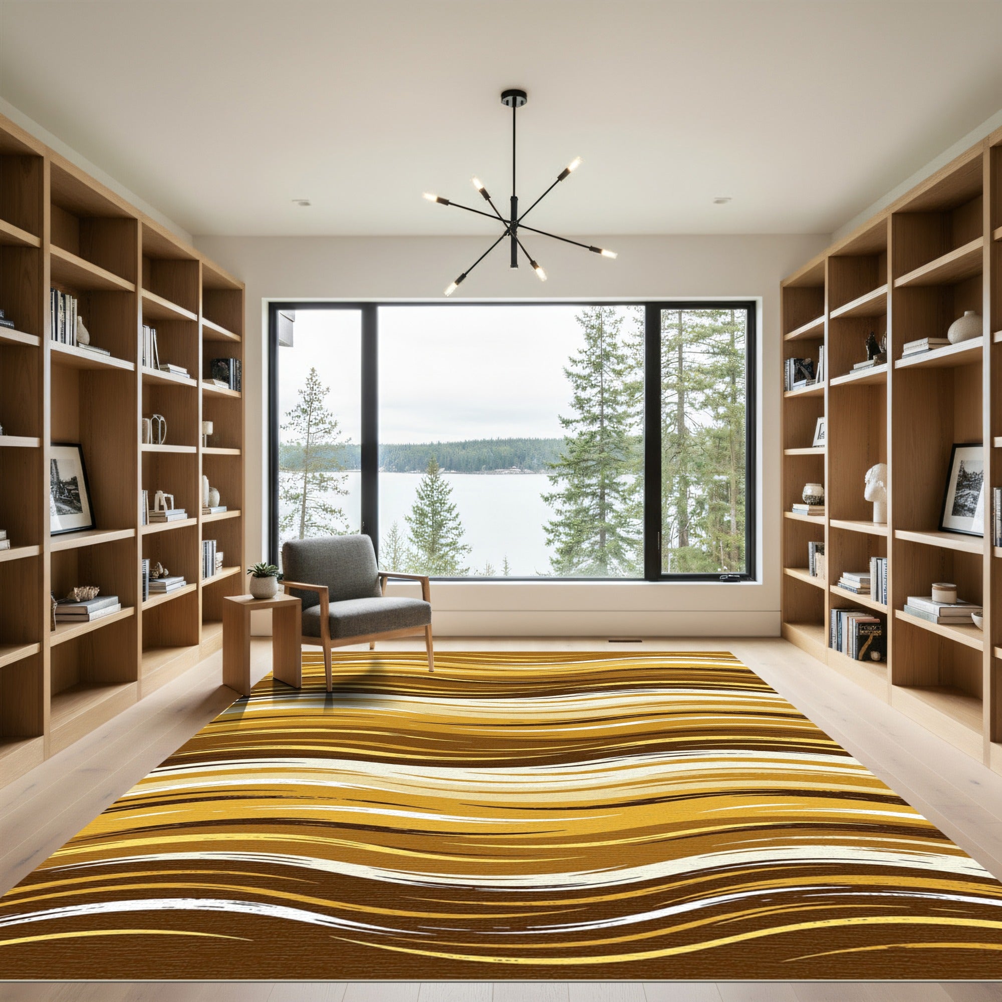 Cozy Golden Brown Wavy Horizontal Lines Rug