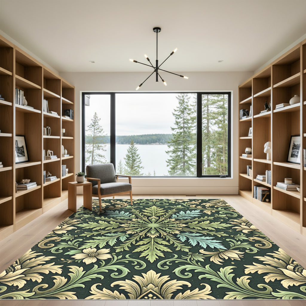 Elegant Sage Green Botanical Damask Rug