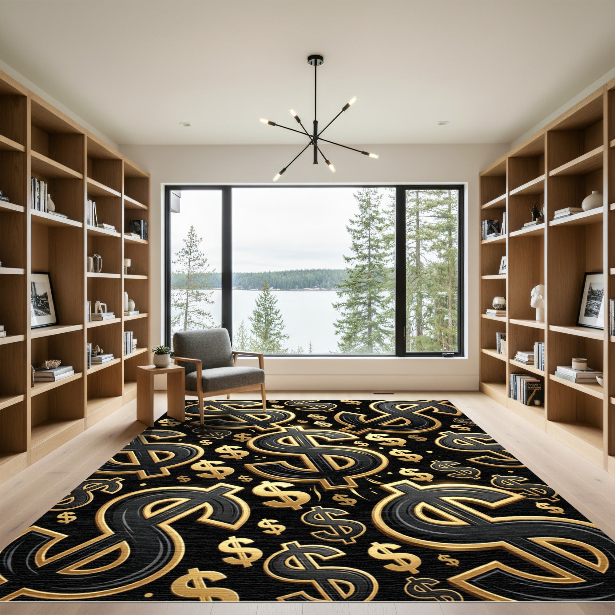 Golden Floating Currency Symbol Luxury Black Rug