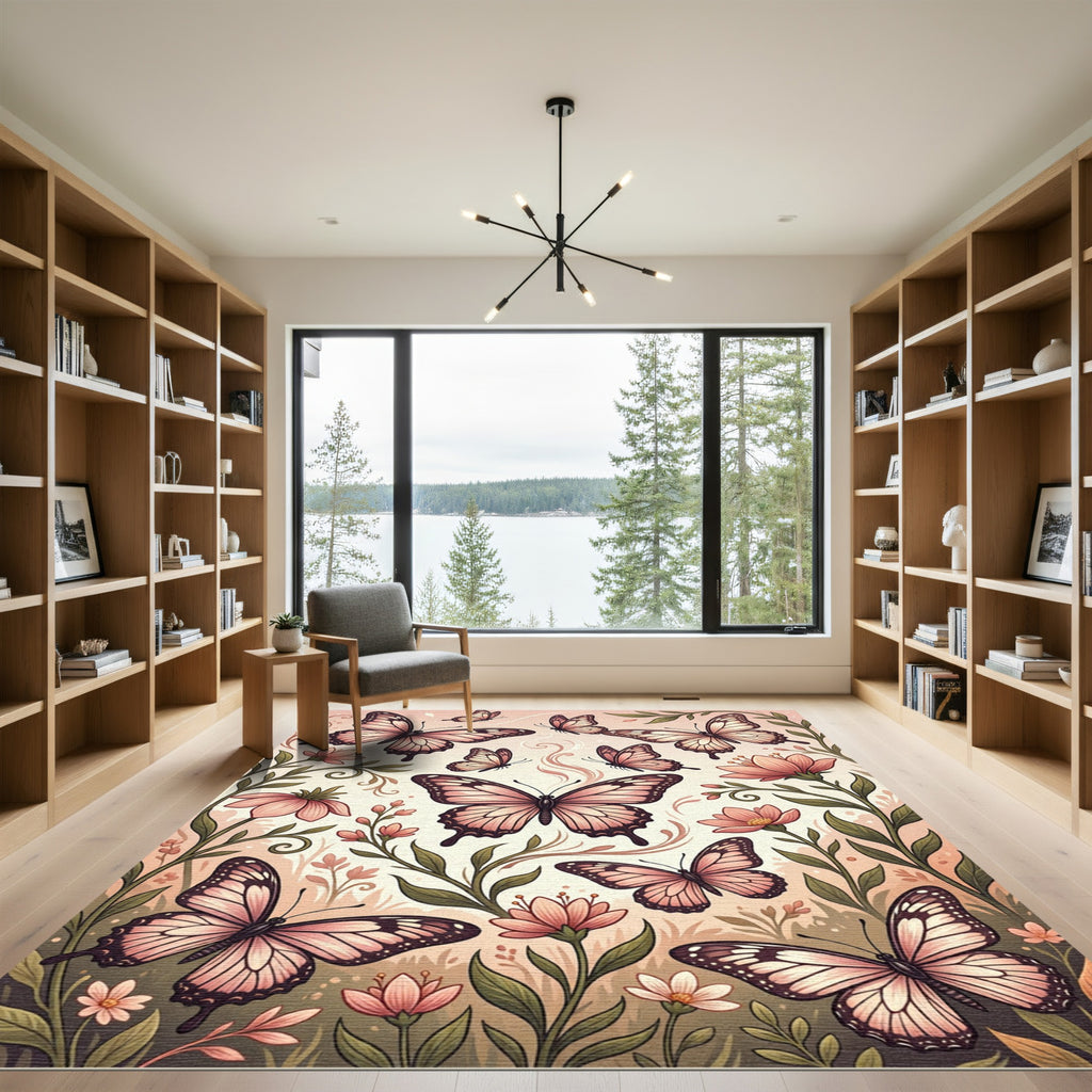 Whimsical Blush Butterfly Garden Illustration Rug