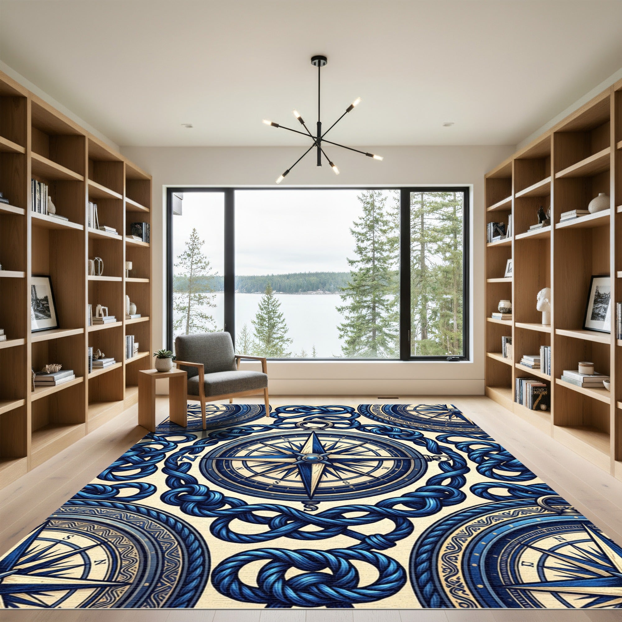 Nautical Compass Rope Border Navy Rug