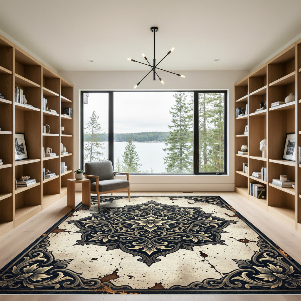 Earthy Vintage Cream Navy Floral Medallion Rug