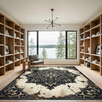 Earthy Vintage Cream Navy Floral Medallion Rug