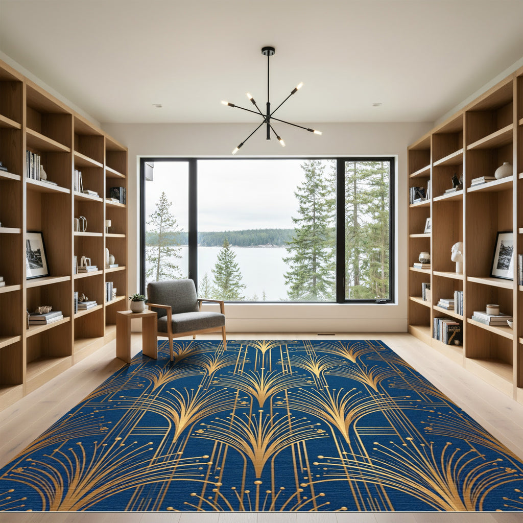 Art Deco Gold Fan Sapphire Blue Rug