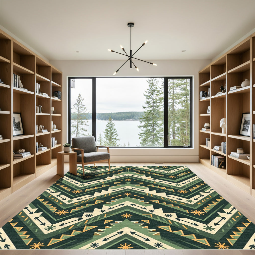 Green Earthy Geometric Chevron Rug