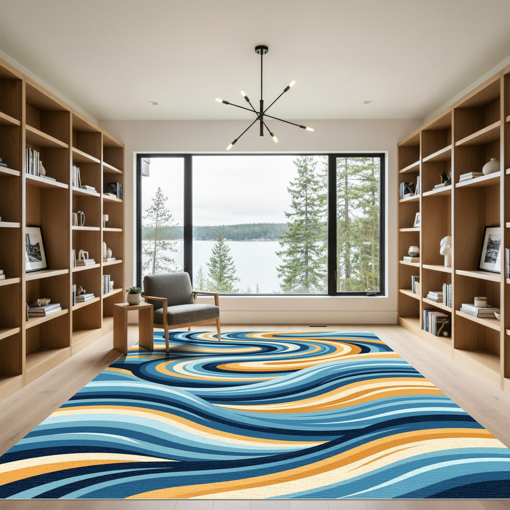 Oceanic Blue Swirling Stripes Rug