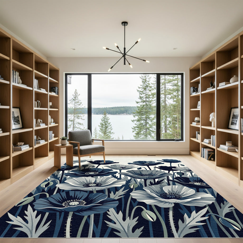 Midnight Blue Poppy Botanical Illustration Rug