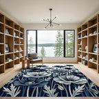 Midnight Blue Poppy Botanical Illustration Rug