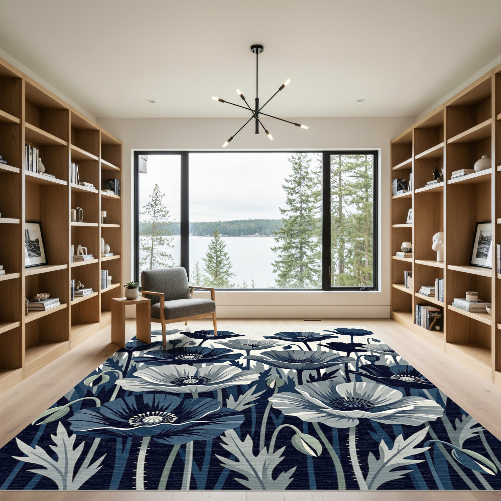 Midnight Blue Poppy Botanical Illustration Rug