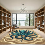 Detailed Teal Octopus Coastal Deep Sea Rug