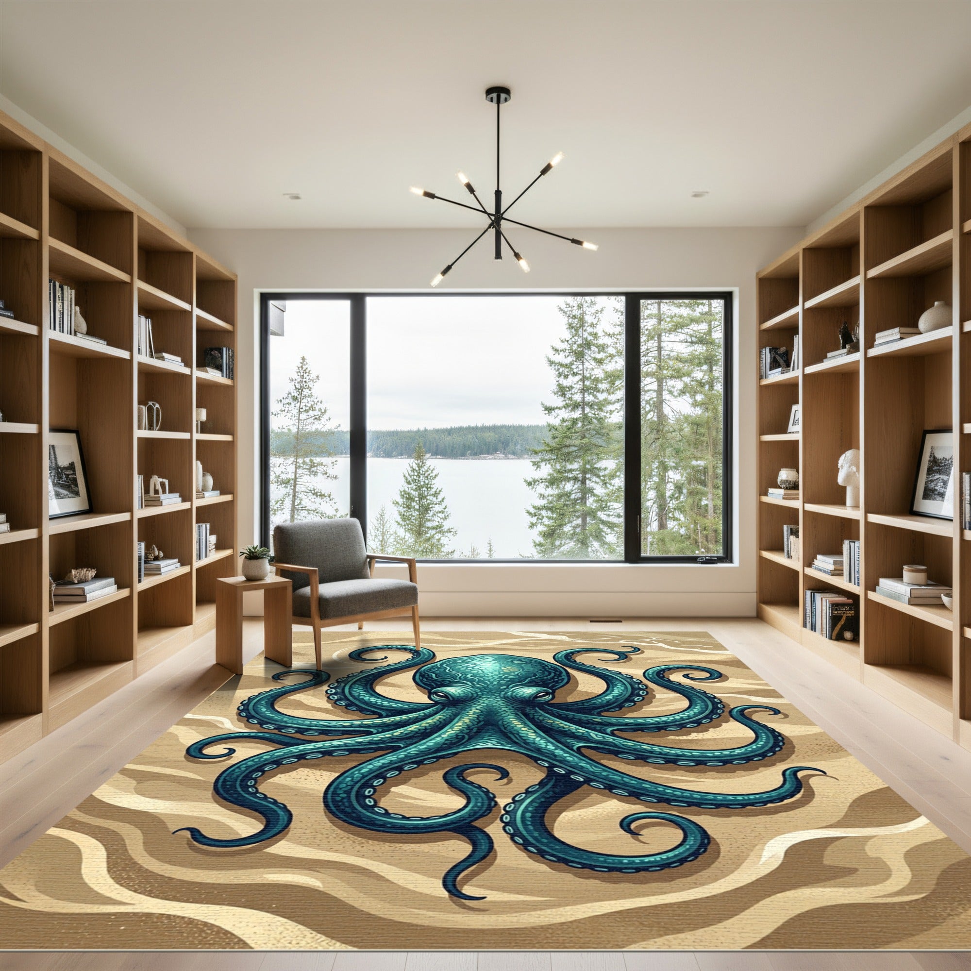 Detailed Teal Octopus Coastal Deep Sea Rug