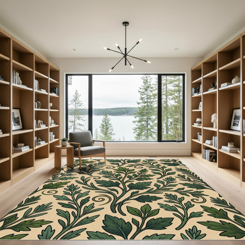 Lush Green Foliage Botanical Scroll Rug