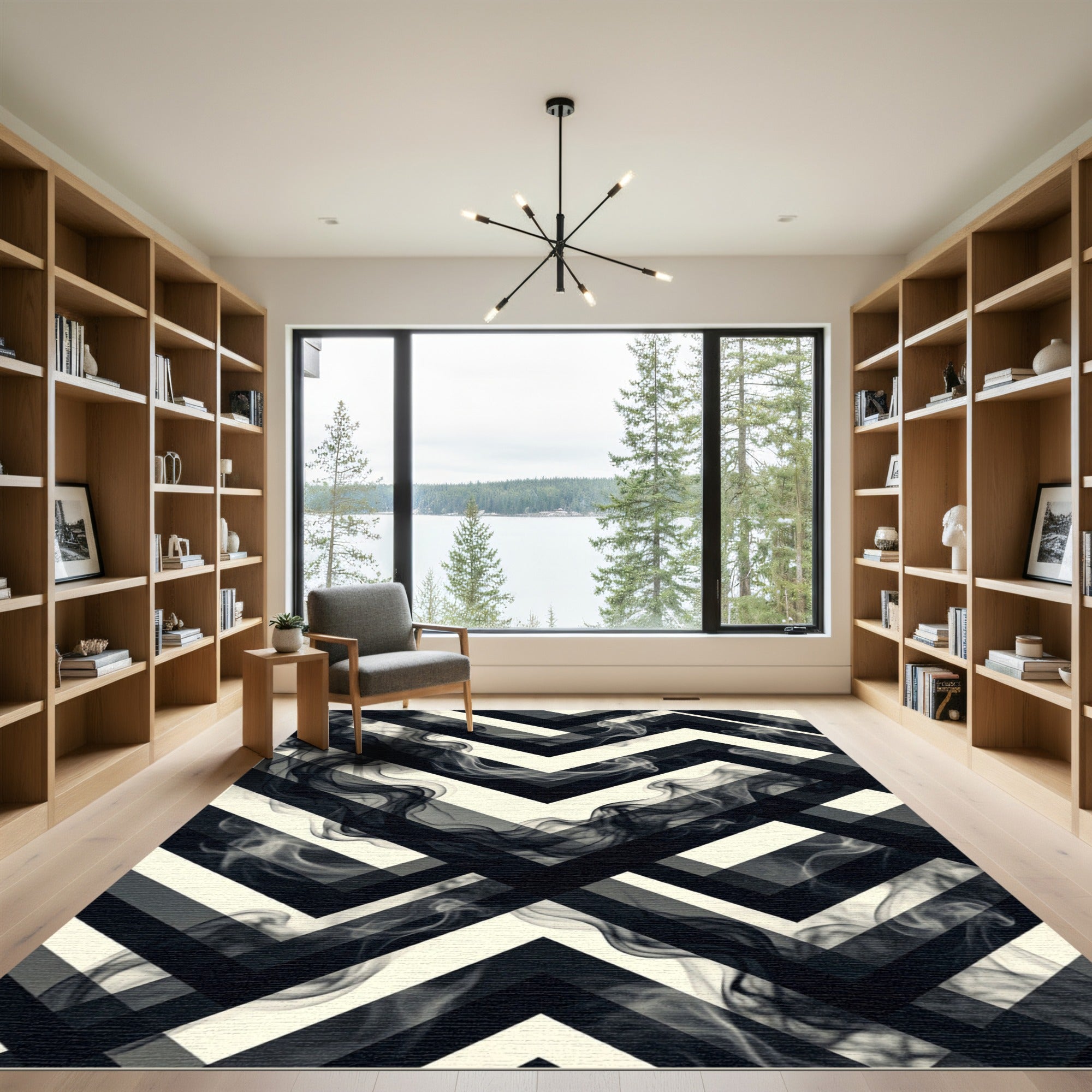 Monochromatic Abstract Smoke Chevron Rug