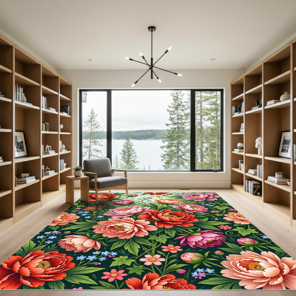 Vibrant Coral Pink Blooming Garden Rug