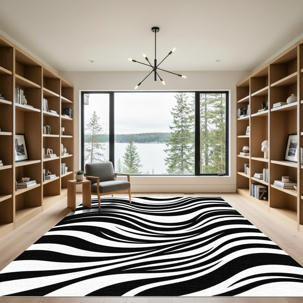 Bold Black White Flowing Curves Rug