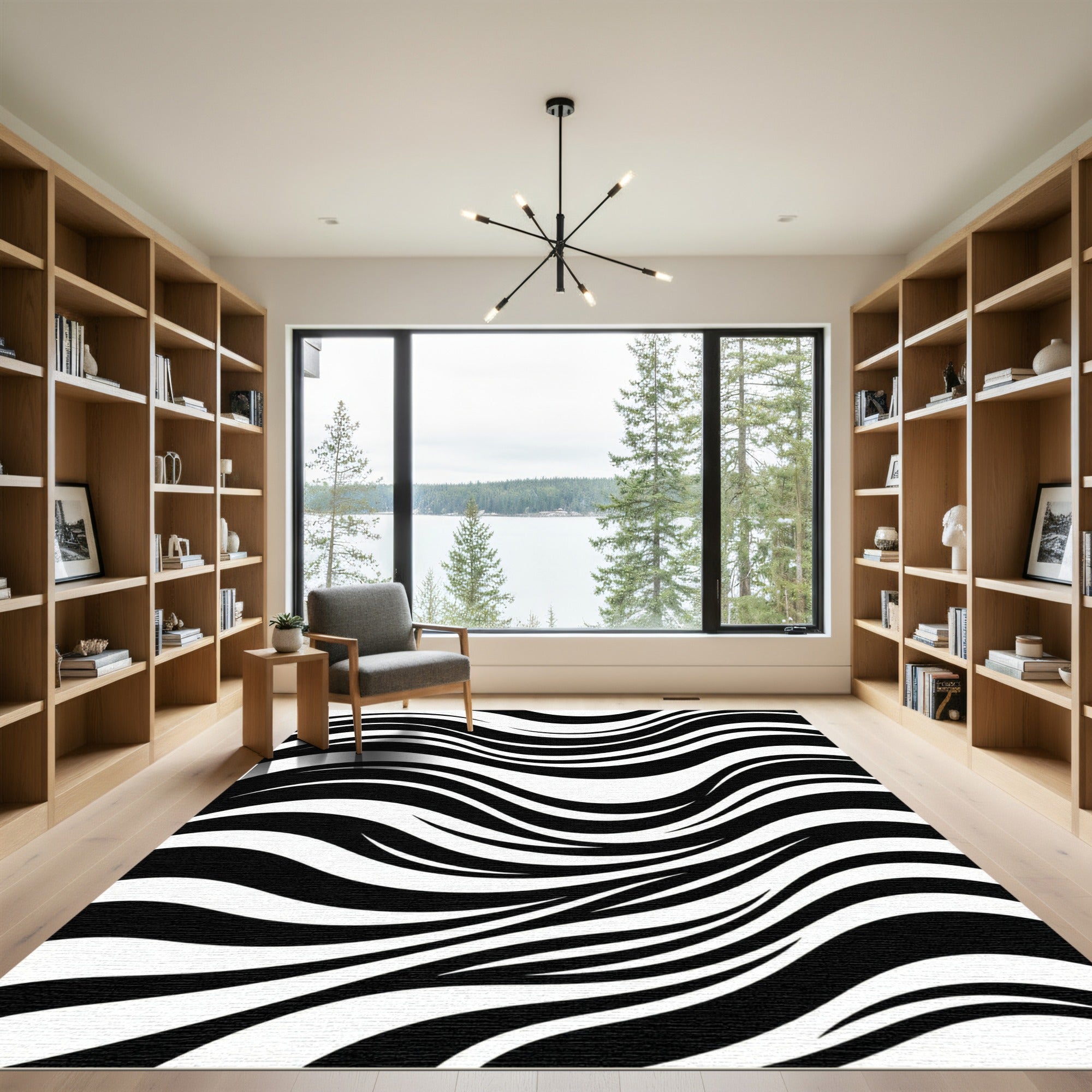 Bold Black White Flowing Curves Rug