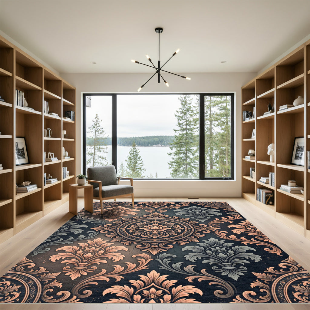 Ornate Scrollwork Medallion Black Rose Rug