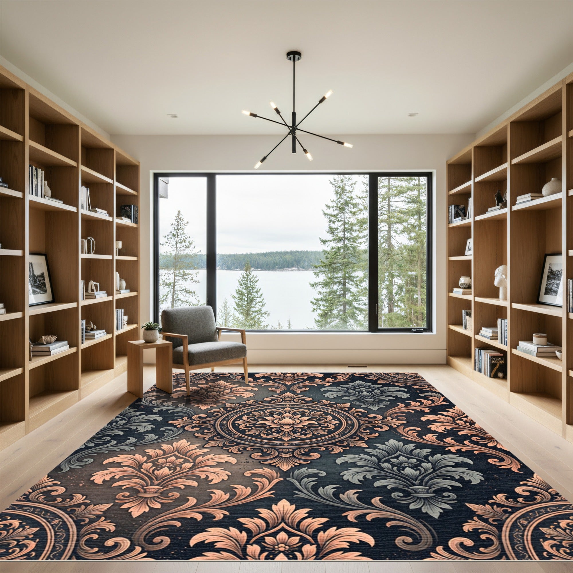 Ornate Scrollwork Medallion Black Rose Rug