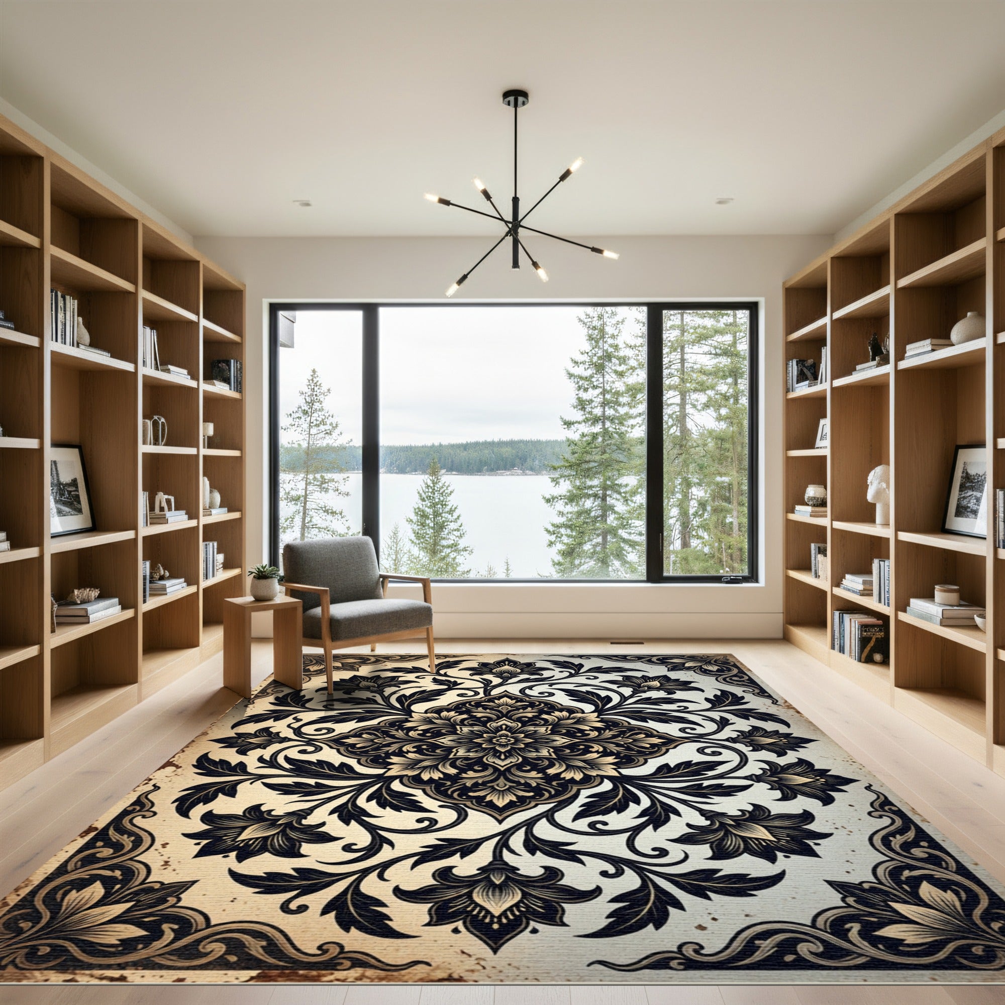 Ornate Ebony Beige Floral Crest Rug