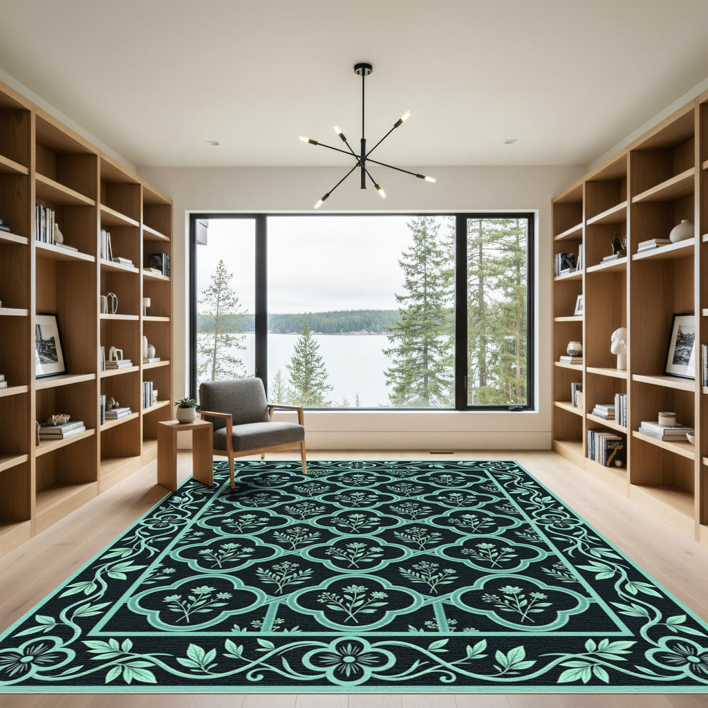 Dark Teal Floral Lattice Border Rug