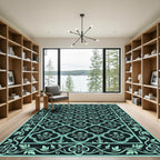 Dark Teal Floral Lattice Border Rug